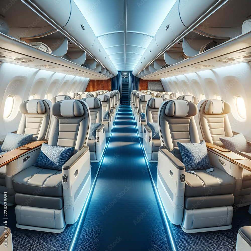 interior of a modern airplane cabin and train