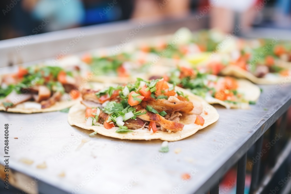 fresh tacos on a vendors grill with sizzling meats