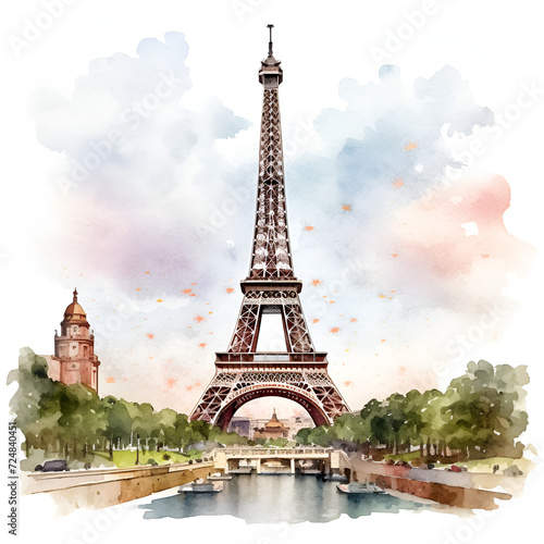 Eiffel Tower Watercolor Clipart, Paris Monument, Ai generative © Romain