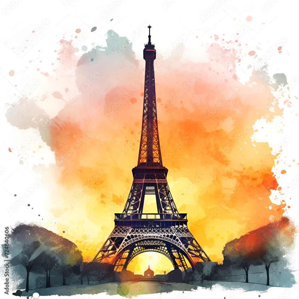 Eiffel Tower Watercolor Clipart, Paris Monument, Ai generative