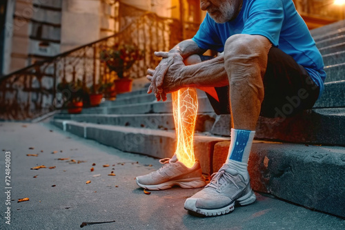Massaging and Stretching the leg to Ease the Injury. VFX Leg Pain Augmented Reality Animation. Senior Male Experiencing Discomfort in a Result of Leg Trauma or Arthritis.