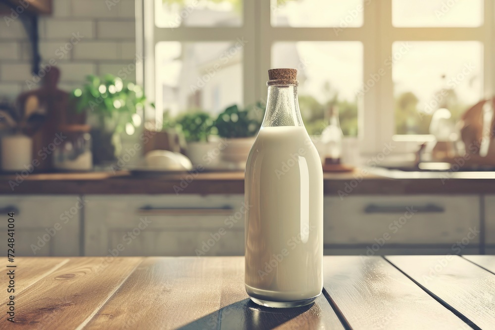 Milk bottle on wooden table. Mock up photo copy space illustration of retro vintage glass bottle of milk on kitchen table Milk bottle on wooden table. Mock up photo copy space illustration of retro vintage glass bottle of milk on kitchen table