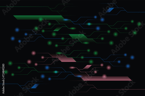 Digital circuit line with colorful neon techno light. Abstract Background for futuristic technology and business concept.