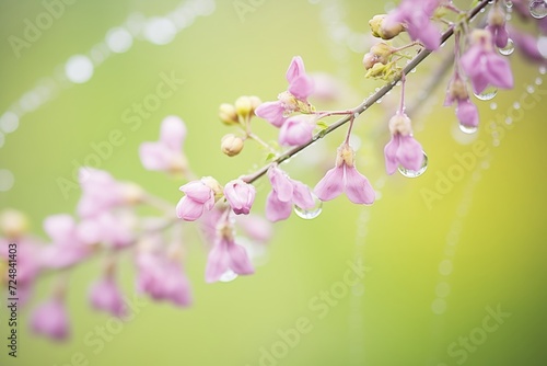 close-up image of dewdrops shimmering on a spiders web between lilacs