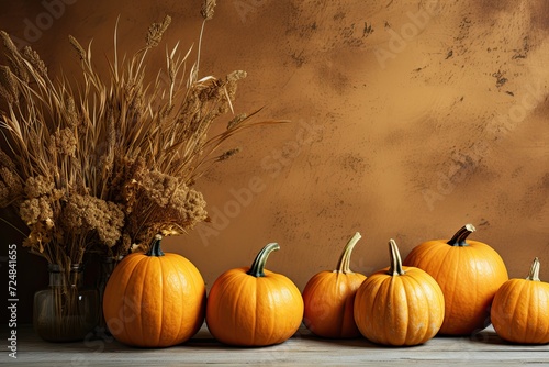 Brown background, space for text, with pumpkins