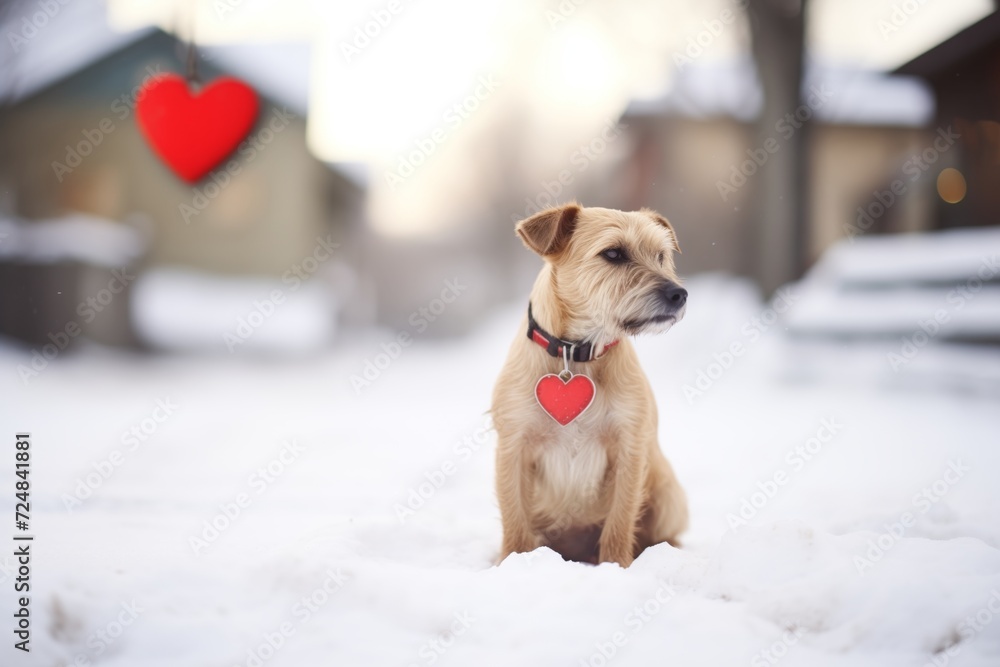 dog with red heart tag sitting on snow