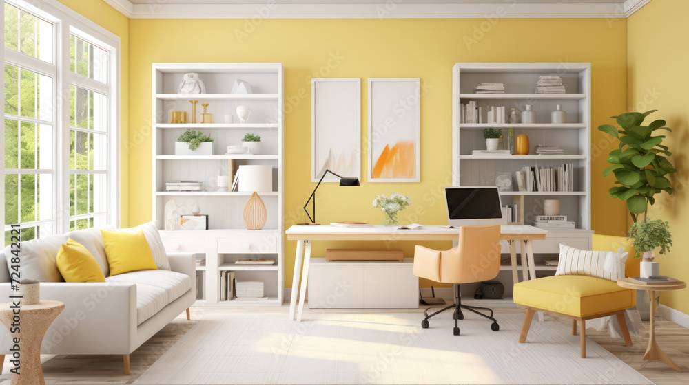 Home office featuring a white desk, yellow walls, and matching decor, energizing work environment Home office featuring a white desk, yellow walls, and matching decor, energizing work environment