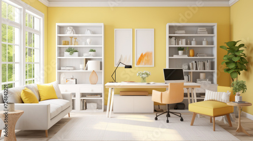 Home office featuring a white desk, yellow walls, and matching decor, energizing work environment