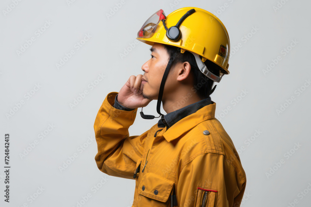 Asian male engineer in a formal suit and yellow safety helmet, professionalism in construction Asian male engineer in a formal suit and yellow safety helmet, professionalism in construction