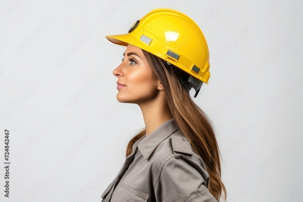 Confident female engineer wearing a yellow hard hat against a grey background Confident female engineer wearing a yellow hard hat against a grey background