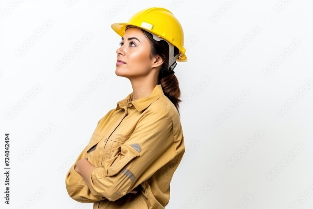Confident female engineer wearing a yellow hard hat against a grey background Confident female engineer wearing a yellow hard hat against a grey background