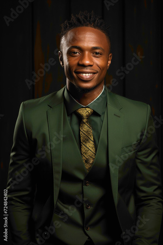 A stylish blackish male in contemporary attire, smiling in front of a solid dark green backdrop.