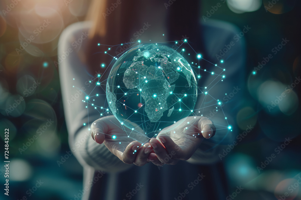 Business woman holding a globe hologram in her hands. Global business concept, international world trade network.
