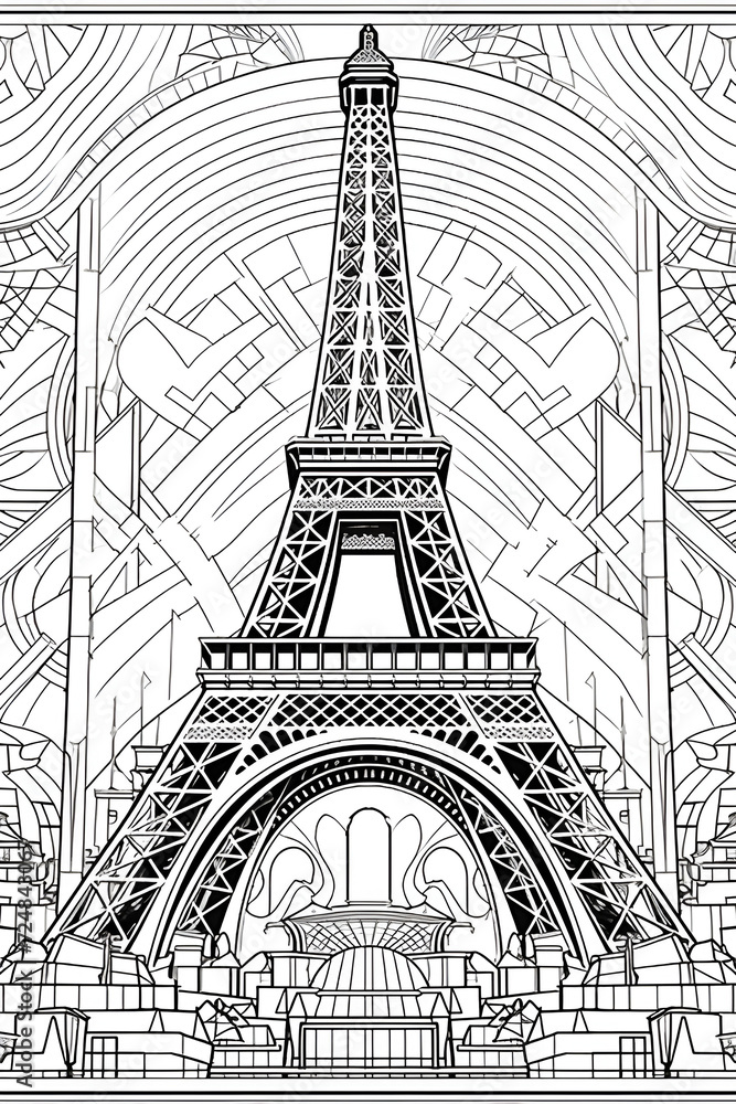 Fototapeta premium Eiffel Tower Coloring Page, Paris Monument, Ai generative 