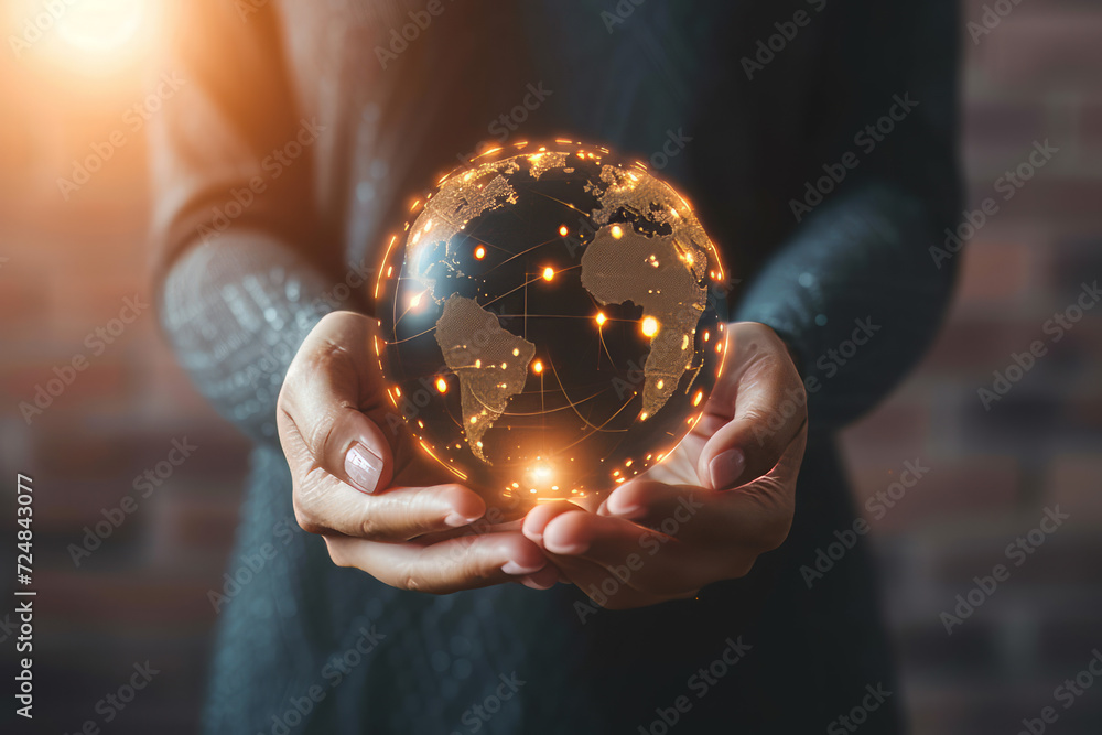 Business woman holding a globe hologram in her hands. Global business concept, international world trade network. - obrazy, fototapety, plakaty 