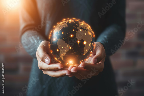 Business woman holding a globe hologram in her hands. Global business concept, international world trade network. photo