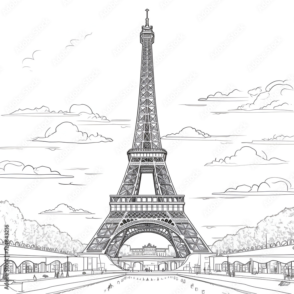 Fototapeta premium Eiffel Tower Coloring Page, Paris Monument, Ai generative 