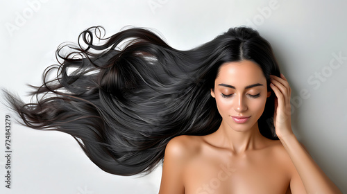 Fashion model woman with straight long shiny black hair Beauty and hair care photo