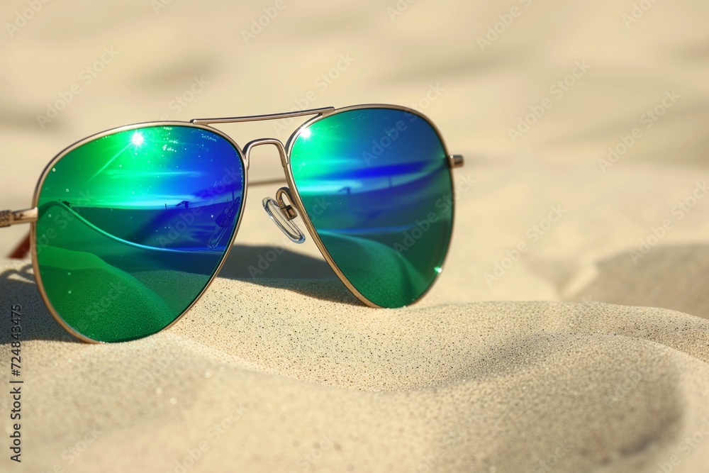 partnership with reflective sunglasses on sand