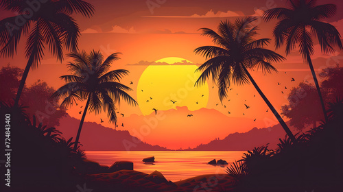 Serene Tropical Beach Sunset: Silhouetted Palm Trees, Birds in Flight, Distant Mountains, and Calm Waters Reflecting Vibrant Sky Colors - Concept of Tranquility, Natural Beauty, and Tropical Paradise
