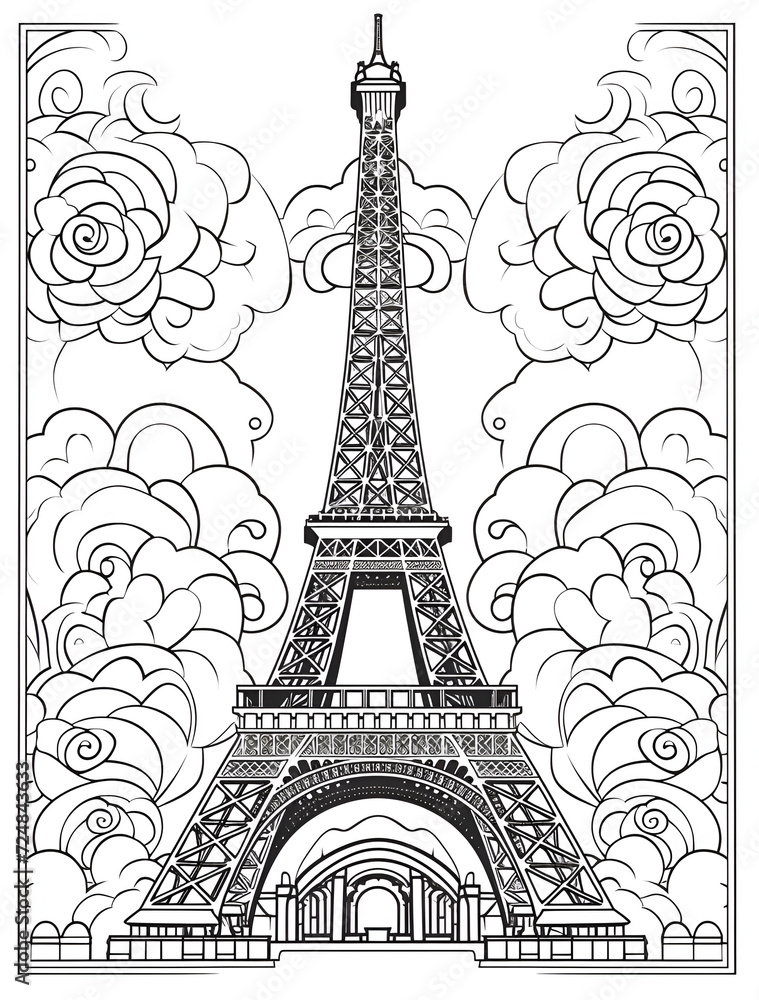 Fototapeta premium Eiffel Tower Coloring Page, Paris Monument, Ai generative 
