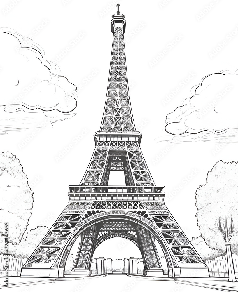 Fototapeta premium Eiffel Tower Coloring Page, Paris Monument, Ai generative