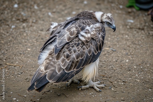 bird of prey on ground, feathers ruffled, looking down