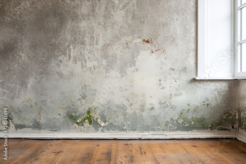 Black spots of toxic mold and fungus bacteria growing on a white wall.