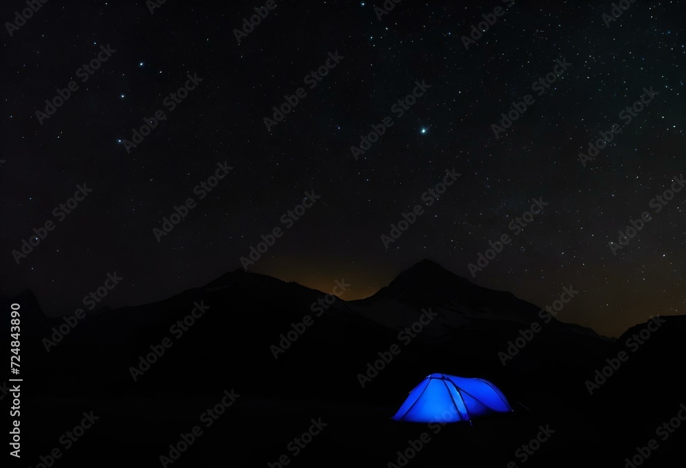 the blue tent under the milky lit sky at night with stars above