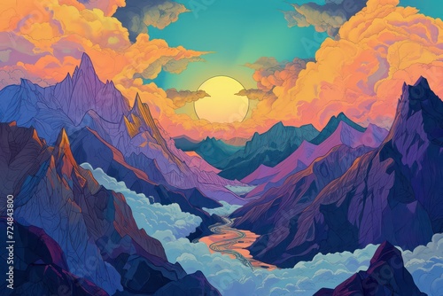 colorful landscape with mountains and clouds