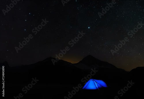 the blue tent under the milky lit sky at night with stars above
