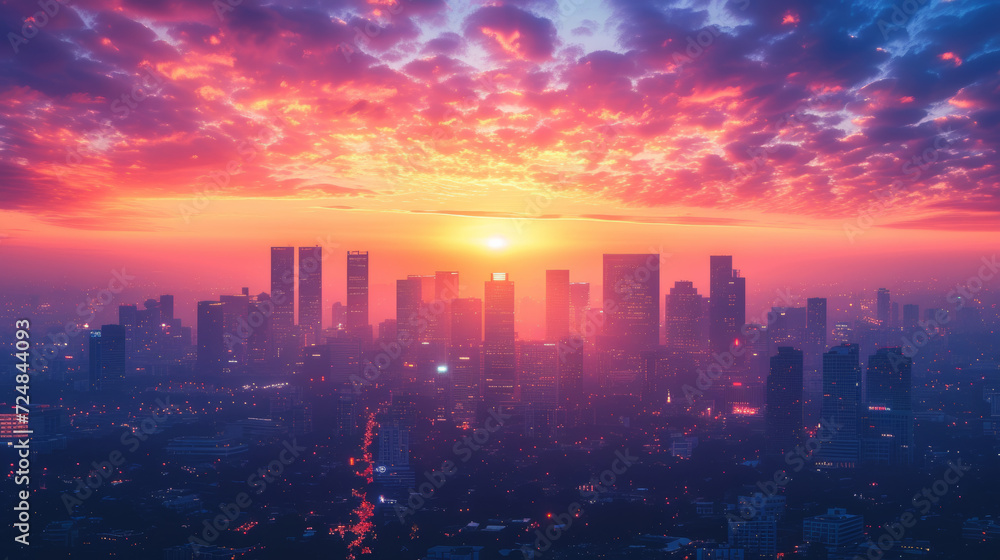 Watch the ideal dawn unfold over a city skyline silhouette, with towering skyscrapers in a scenic urban landscape, creating a panoramic cityscape that captures the essence of modern architecture