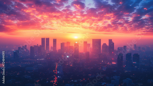 Watch the ideal dawn unfold over a city skyline silhouette, with towering skyscrapers in a scenic urban landscape, creating a panoramic cityscape that captures the essence of modern architecture