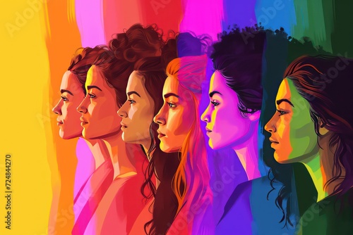 illustration of female people standing in front of a rainbow strip © AAA