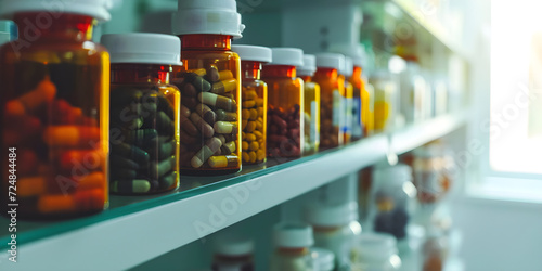 bottles of pills and medicine on a pharmacy shelf photo