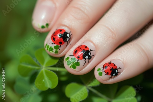 hand with a ladybug painted on the thumb nail over clover