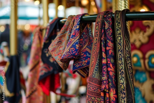 intricate patterned scarves on a carousel stand at a street fair
