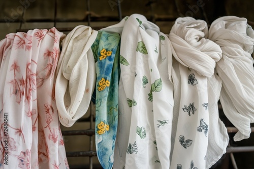 light cotton scarves with spring motifs on a rustic metal rack © Alfazet Chronicles