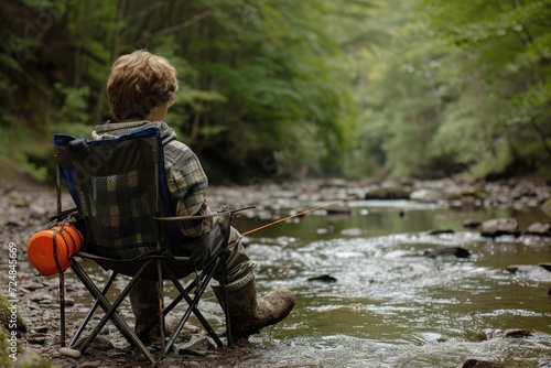 A boy is sitting in a camping chair and fishing in a creek with muddy feet. 