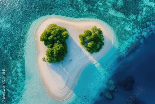 Aerial view down towards two beautiful tiny islets with beaches on a sand bank surrounded with turquoise clear water and coral reefs in the South Ari Atoll Area. Aerial Drone View. 