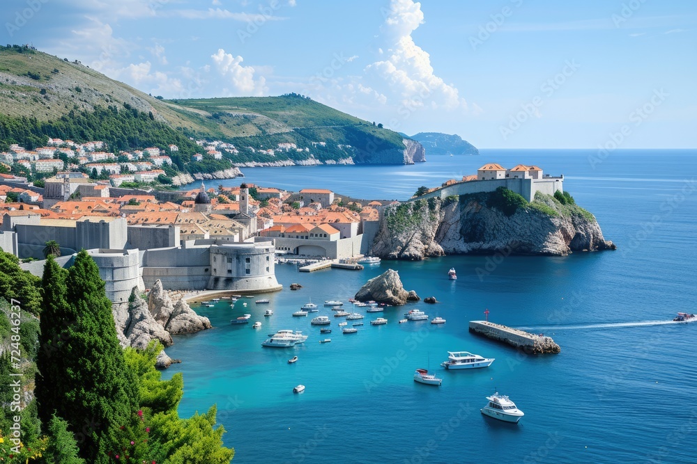 Dubrovnik picturesque nature seascape with cruise yachts. 