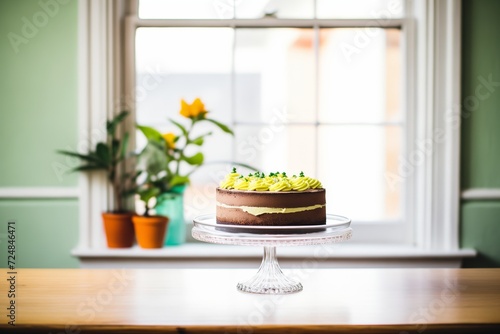 vegan chocolate cake with avocado frosting featured in window