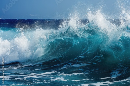 Large wave splashing in blue sea 