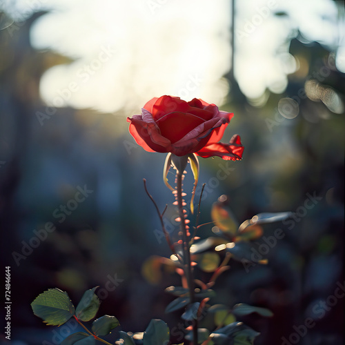 Natural analog shot, red rose in early morning sunlight, sunny, light, clear sky, bokeh, slight shadows. Valentine's day and love celebration concept shot 