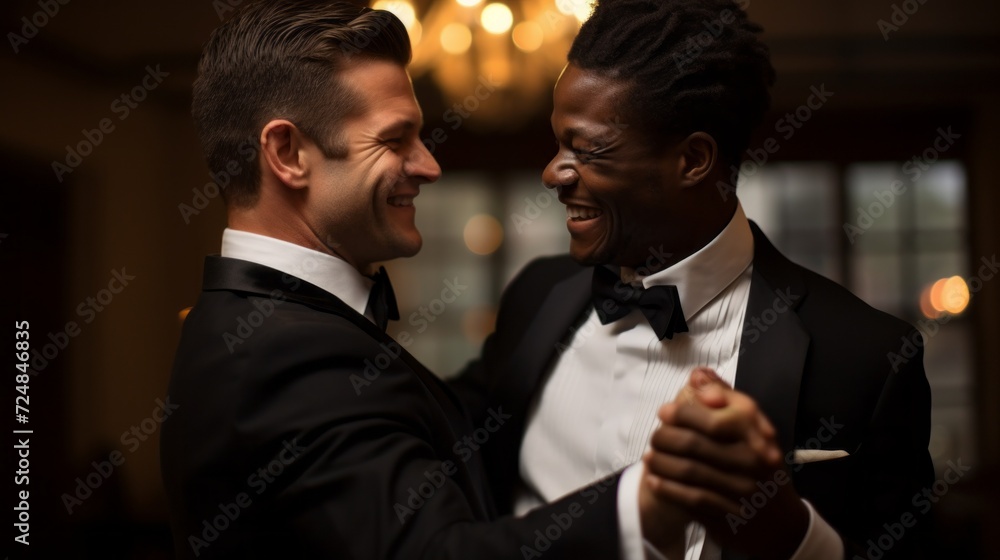 Close-up of a happy newlyweds, a multiracial gay couple dancing at a wedding day. Happy moments in life, family and love concepts.