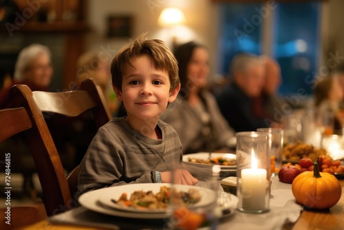 Medium shot of young boy at dining room table during multigenerational family celebration dinner 