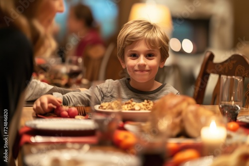Medium shot of young boy at dining room table during multigenerational family celebration dinner 