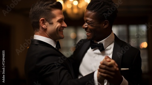 Close-up of a happy newlyweds, a multiracial gay couple dancing at a wedding day. Happy moments in life, family and love concepts.