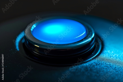 Pushed business start button over black background, blue light, symbol of new businesses