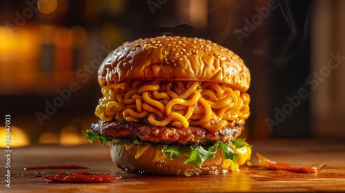 Close up of a ramen burger, combining the noodles of ramen with the convenience of a burger, food mashup concept.
